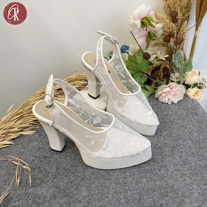 White Chunky Heels with Floral Mesh, Bridal Slingback Platform Shoes, Elegant Vintage Lace Wedding Heels, Bridesmaids Heels, Women Heels