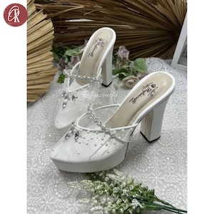 White Bridal Platform Heels with Crystal Beading, Wedding Shoes for Bride, Elegant High Heel Slip-On Mules, Wedding Heels, Women Heels