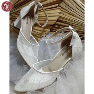 White Lace Wedding Heels, Elegant Bridal Block Heel Shoes, Women Heel