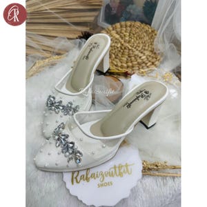 White Pearl Bridal Mules Rhinestone Block Heel Wedding Shoes