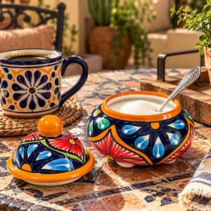 May include: A ceramic mug and a matching lidded sugar bowl with a silver spoon, both featuring a vibrant hand-painted floral pattern in blue, orange, red, and green on a white background. The sugar bowl is filled with white sugar.