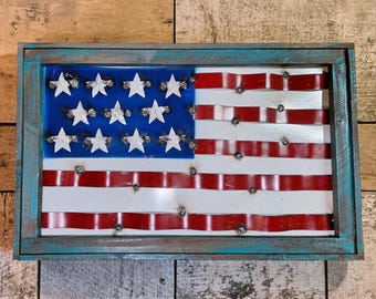 Rustic Metal American Flag mounted on Wood, Wall Decor, 4 July