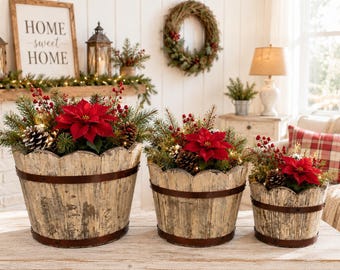 Wooden Planter Set, Rustic Plant Pots, Farmhouse Flower Pot, Bucket Planters, Indoor Garden Decor