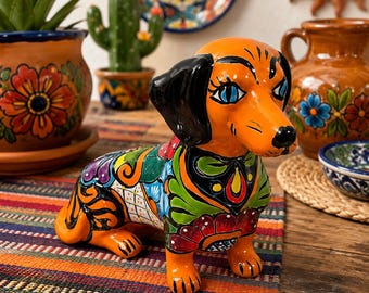 Handmade Talavera Dachshund Statue, Mexican Ceramic Wiener Dog Folk Art