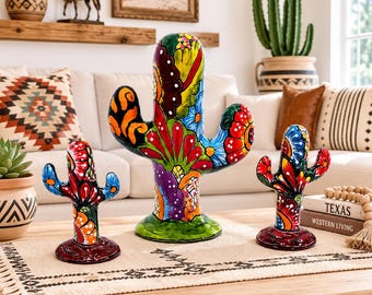 Hand-Painted Talavera Cactus, Mexican Folk Art Ceramic Decor, Southwestern Home Accent
