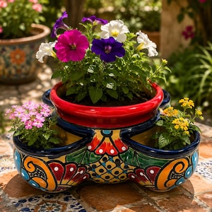 May include: A multi-tiered ceramic planter featuring a vibrant hand-painted pattern in red, blue, yellow, and green. The central upper tier holds purple, white, and magenta petunias, while the two lower side tiers contain pink and yellow flowers.