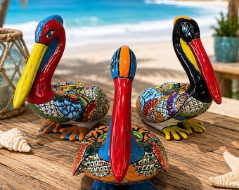 Talavera Pelican Art,Handmade Mexican Ceramic Pelican,Colorful Bird,Coastal Beach House Decoration