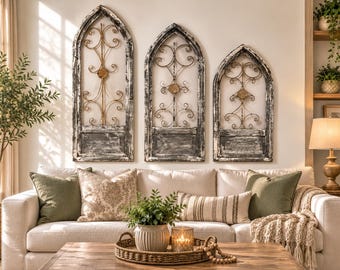 Set of 3 Rustic Wood & Metal Window Wall Decor – Farmhouse Decorative Wall Panels