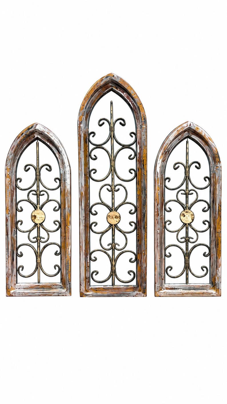Rustic Gothic Window Wall Decor Set of 3, Wood and Metal Arched Frames ...