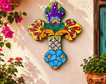 Handmade Talavera Cross,Colorful Mexican,Ceramic Folk Art Wall Decor