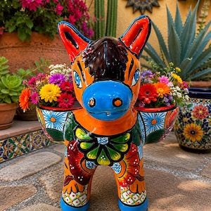 May include: A hand-painted ceramic donkey planter featuring vibrant orange, blue, and green floral patterns. The donkey has a bright blue muzzle, dark brown mane, and two open saddlebags on its sides, each filled with colorful small daisy-like flowers.