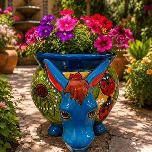 May include: A blue ceramic planter shaped like a donkey head with a brown mane and red inner ears. The body features hand-painted green sunflowers and red ladybugs on a yellow background. It is filled with vibrant purple and red petunia flowers.