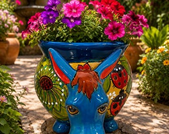 Handmade Talavera Donkey Planter, Mexican Ceramic Animal Flower Pot, Colorful Garden Decor
