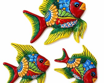 Set of 3 Talavera Fish Wall Decor, Handmade Mexican Ceramic Coastal Home Art
