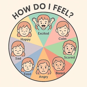 May include: A circular diagram with the text "HOW DO I FEEL?" at the top. The diagram is divided into sections, each depicting a different emotion: Happy, Excited, Calm, Scared, Bored, Angry, Tired, and Sad. Each section features a cartoon illustration of a person's face.