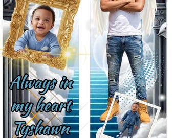 May include: Memorial banner with images of a young man and a child, angel wings, doves, and gold accents. Text includes "Heaven Gained a Prince," "Always in my heart Tyshawn Jones," and "Memory Of."
