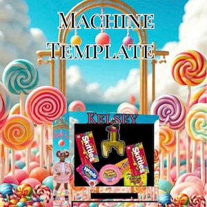 Könnte beinhalten: Ein farbenfrohes Bild mit dem Text "EASTER CLAW MACHINE TEMPLATE" und "HAPPY EASTER". Das Bild zeigt ein Greifautomaten-Design mit Süßigkeiten, Lollis und einem Mädchen in Rosa. Süßigkeitenmarken wie Skittles und Nerds sind ebenfalls zu sehen.