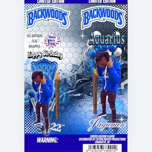 Op de afbeelding: Een blauw-witte afbeelding met het Backwoods-logo, de tekst "Happy Birthday" en het woord "Aquarius". De afbeelding bevat ook een persoon in een blauwe hoodie en een zwarte broek.
