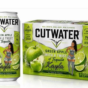May include: A can and a 12-can box of Cutwater Green Apple with a Twist of Tequila. The can and box feature a green apple, lime slices, and an illustration of a woman. The can and box have the text "Kayla Birthday".