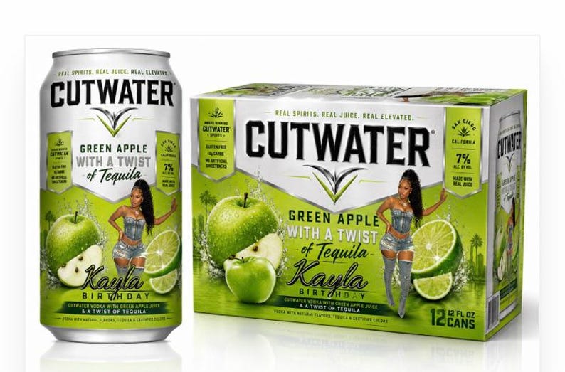 May include: A can and a 12-can box of Cutwater Green Apple with a Twist of Tequila. The can and box feature a green apple, lime slices, and an illustration of a woman. The can and box have the text "Kayla Birthday".