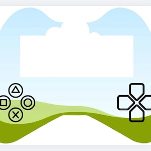 Op de afbeelding: Een controller-vormig ontwerp met een blauwe en groene landschapsachtergrond. De controller heeft een wit centraal gebied. Zwarte controllerknoppen omvatten een kruis, een vierkant, een cirkel, een driehoek en een directioneel pad.