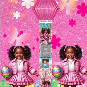 Può includere: Modello di macchina per palline di gomma pasquali rosa con il testo "Easter Gumball Template" e "Canva". L'immagine presenta una ragazza dei cartoni animati che tiene in mano un uovo di Pasqua colorato. Lo sfondo è rosa con fiori e farfalle.