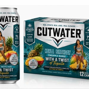 May include: A can and a 12-can box of Cutwater Kayla Birthday Pineapple Mango with a Twist of Tequila. The can and box feature a woman, pineapples, and mangoes. The can is 12 fl oz and 7% ABV.