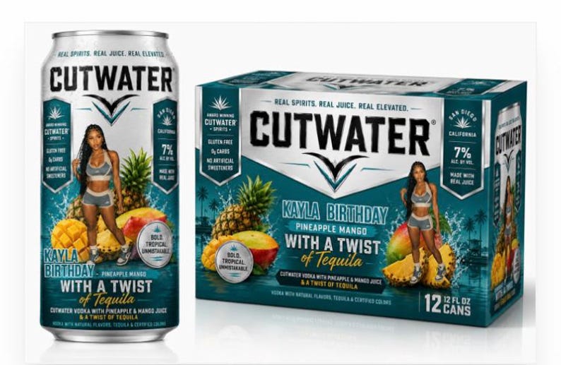 May include: A can and a 12-can box of Cutwater Kayla Birthday Pineapple Mango with a Twist of Tequila. The can and box feature a woman, pineapples, and mangoes. The can is 12 fl oz and 7% ABV.
