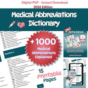 Puede incluir: PDF digital de un diccionario de abreviaturas médicas, edición 2026. La portada presenta el título, una estrella roja con "+1000 Abreviaturas Médicas Explicadas" y un gráfico de jeringa y corazón. Incluye 15 páginas imprimibles.