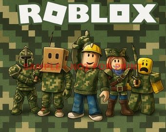 May include: Illustration featuring the word "ROBLOX" in white block letters above five cartoon characters. The characters are dressed in camouflage and various outfits, set against a green and brown pixelated background.