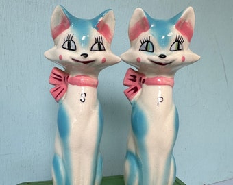 Vintage Blue Cat, Taller, Anthropomorphic, Pair, Ceramic, Salt and Pepper< Mid Century