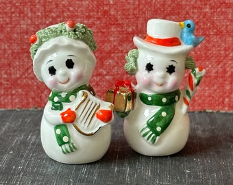 Vintage Christmas Ceramic Snowman Pair, Girl and Boy, Napco ware, Bird, Harp