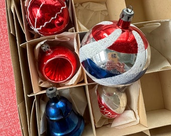 Vintage Christmas Ornament, Set of 5, RED, SILVER and BLUE  assorted