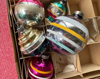 Vintage Christmas Ornament, Set of FIVE, STRIPES assorted