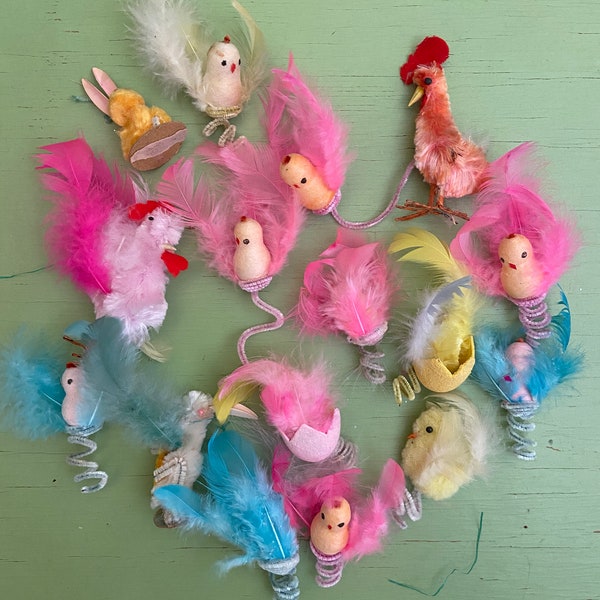 Vintage Easter Lot, Assortment of 15 plus Spun Chicks with Feathers, Rooster Etc