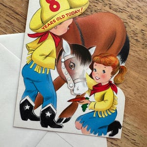 Old Stock, Unused, Vintage Birthday Card, 8 Years Old, Boy and Girl and Horse, American Greetings