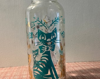 Vintage Glass Mid Century, Apothecary Jar, Cat in Gold and Turquoise