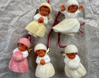 Vintage Christmas Tiny Sugar Plastic Angels, Set of Five, Ornaments, Craft