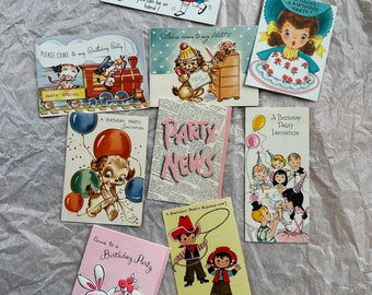 Instant Collection!  9 Assorted, Vintage Children's Birthday Party Invitations.