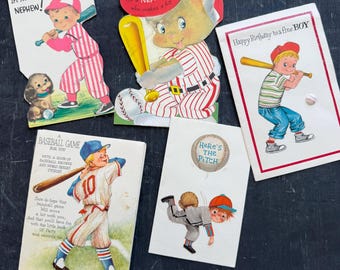 Set of 5 Vintage Greeting Cards, Baseball, Child, Used