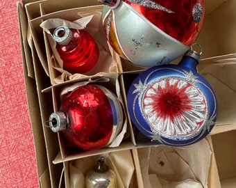 Vintage Christmas Ornament, Set of 5, RED, SILVER and BLUE  assorted