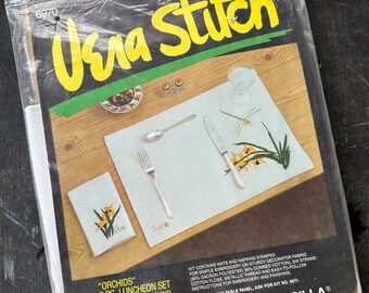 Vintage Vera Stitch Kit, Orchids, 8 pc Luncheon Set with Placemats and Napkins, Bucilla, 6970, Unopened