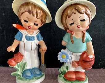 Vintage Ceramic Garden Boy and Girl, Wales, Figures