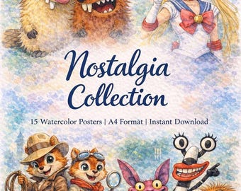 Colección Nostalgia: 15 carteles de dibujos animados en acuarela