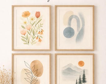 Lámina minimalista de arte mural: hojas botánicas / Póster de acuarela neutra / Decoración escandinava
