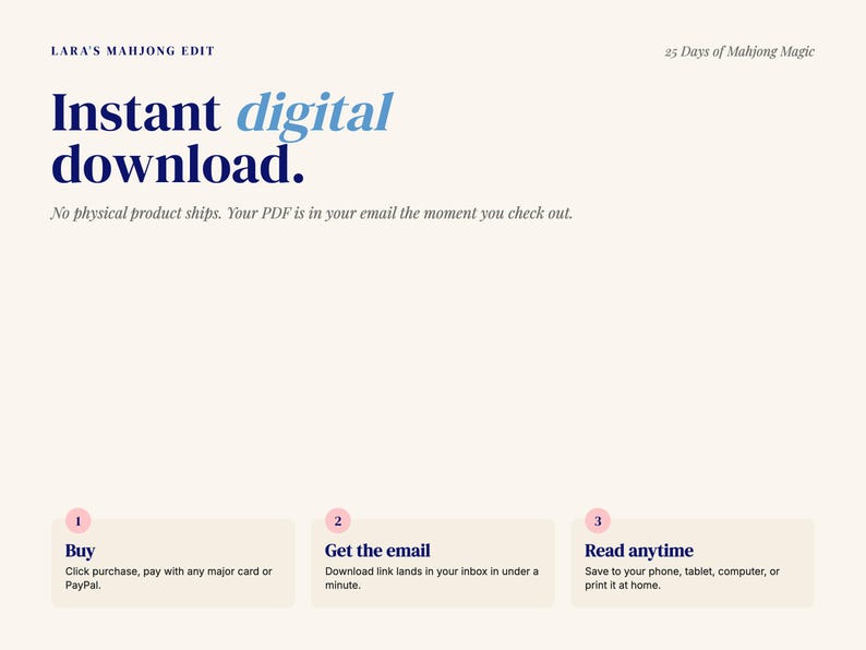 May include: Cream-colored graphic with text: "Instant digital download." Below, three steps are outlined: Buy, Get the email, and Read anytime. The text also mentions "25 Days of Mahjong Magic" and "Lara's Mahjong Edit."
