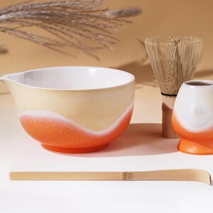 Sunset Orange Keramik Japansk Matcha Skålset: Bambu Visp & Pip, Julklapp