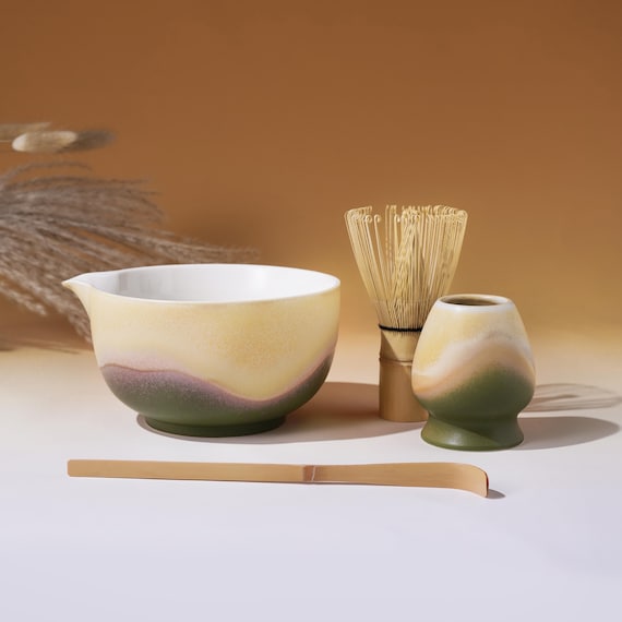 Handmade Green Matcha Set, Ceramic Matcha Bowl with Spout, Matcha whisk set, Japanese Tea Ceremony Gift, Matcha Gift for Her
