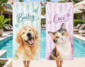 Custom Pet Photo Beach Towel,Personalized Dog Name Beach Towel, Gift for Dog Lovers, Personalized Dog Cat Lovers Towel