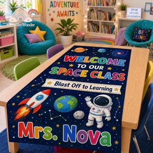 Personalized Space Teacher Table Runner, Custom Astronaut Classroom Decor, Back to School Gift for Teacher, First Day of School Gifts